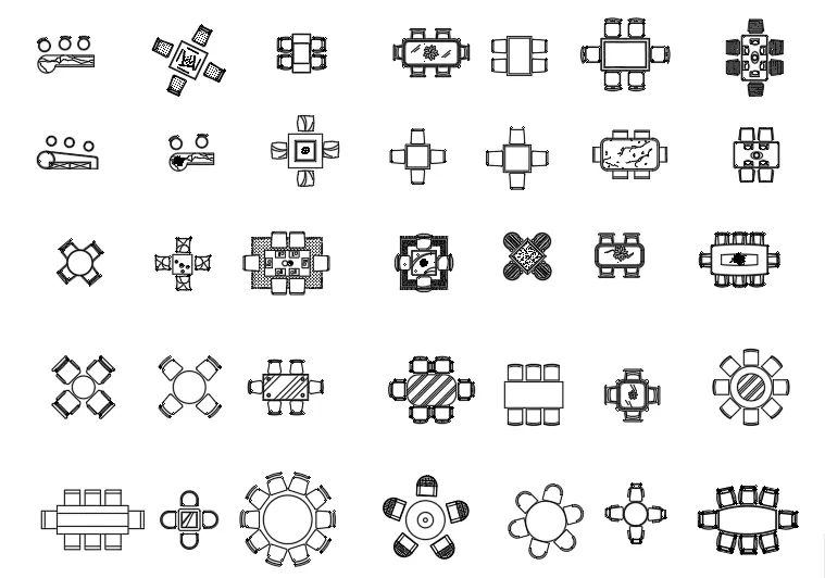 09. AutoCad Dining tables Blocks ( Top view )